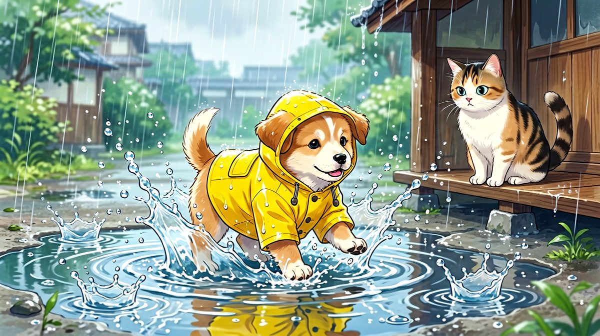 狗：下雨就是最好的派对！猫：我不认识这货