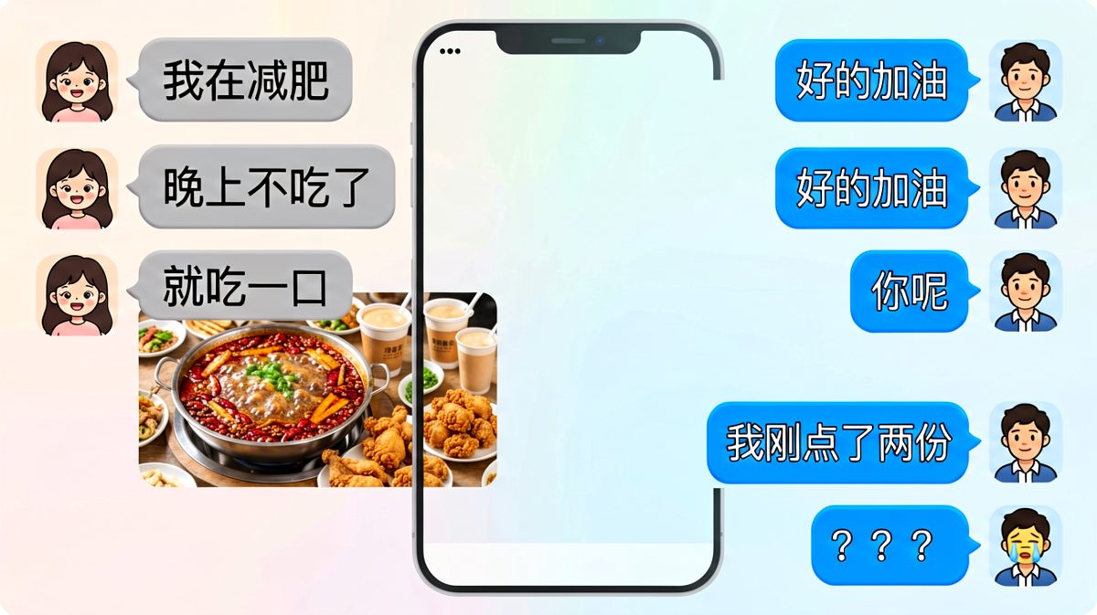 嘴上说减肥，手上点满减——情侣间的'饮食观差异'。