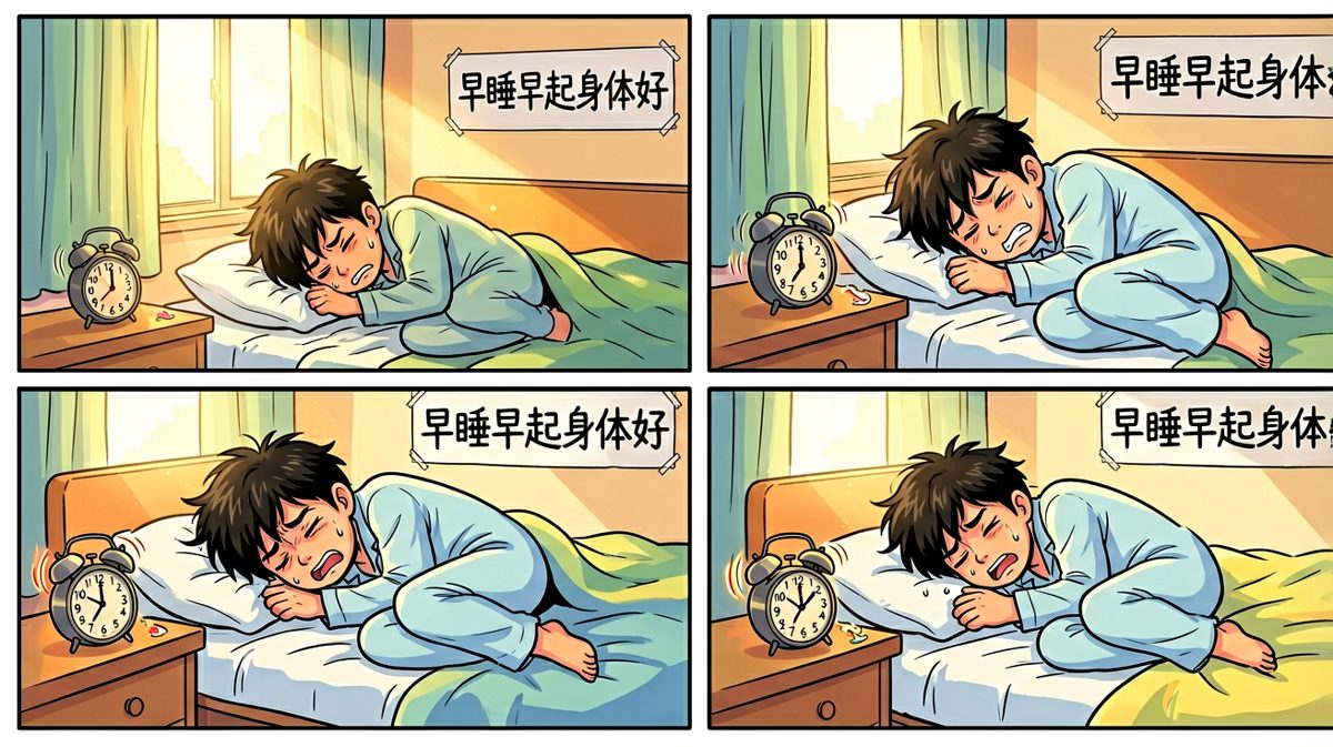 闹钟响起，主角痛苦挣扎，死活不想起床。