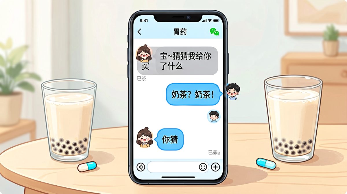 女生让男生猜礼物，男生猜是奶茶，结果女生拿出的是胃药——毕竟上次他喝奶茶喝到胃痛。
