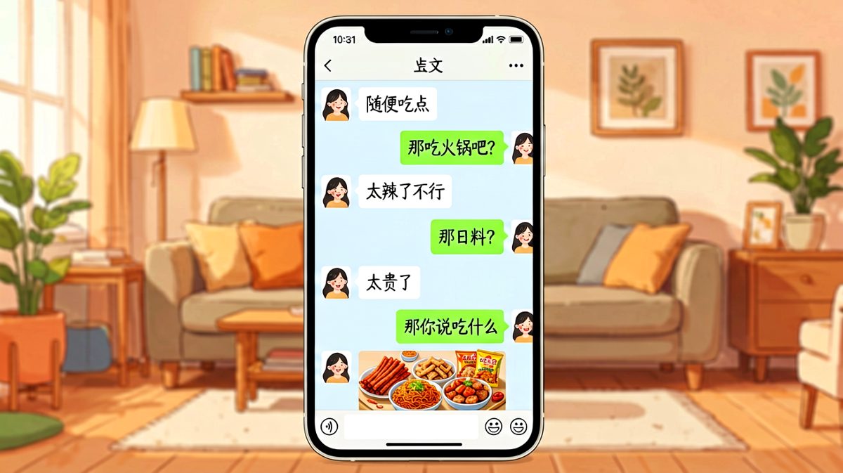 女生说'随便吃点'，男生选了三个被否之后才发现——她自己早就点好了重口味外卖。