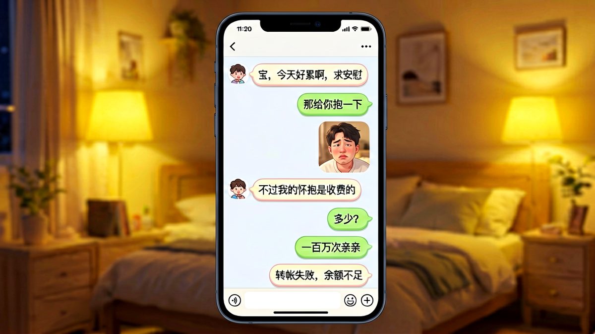 男生求安慰，女生说'怀抱收费'，最后男生用'余额不足'巧妙化解，反而让女生笑到回复一连串'哈哈哈。