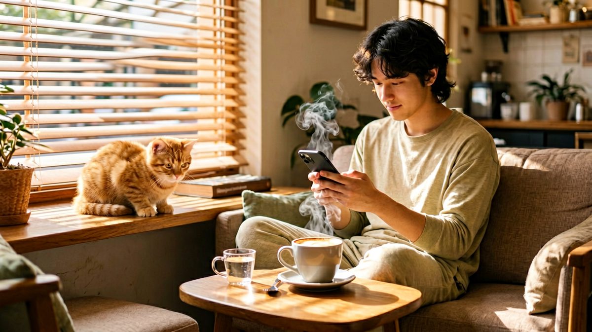 主人悠闲喝咖啡，小橘猫发现了目标