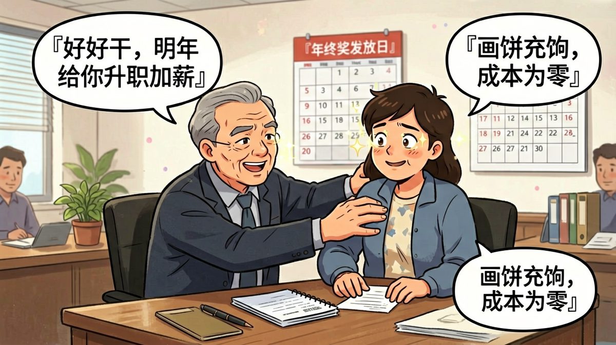 老板承诺升职加薪，员工信以为真，第二天发现公司根本没这岗位——所谓升职，是升去隔壁部门当组长。（老板：画饼的成本为零）