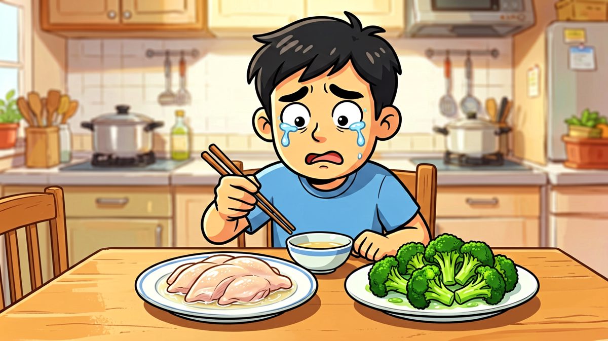 第二格：面对寡淡无味的健康餐，我哭了。