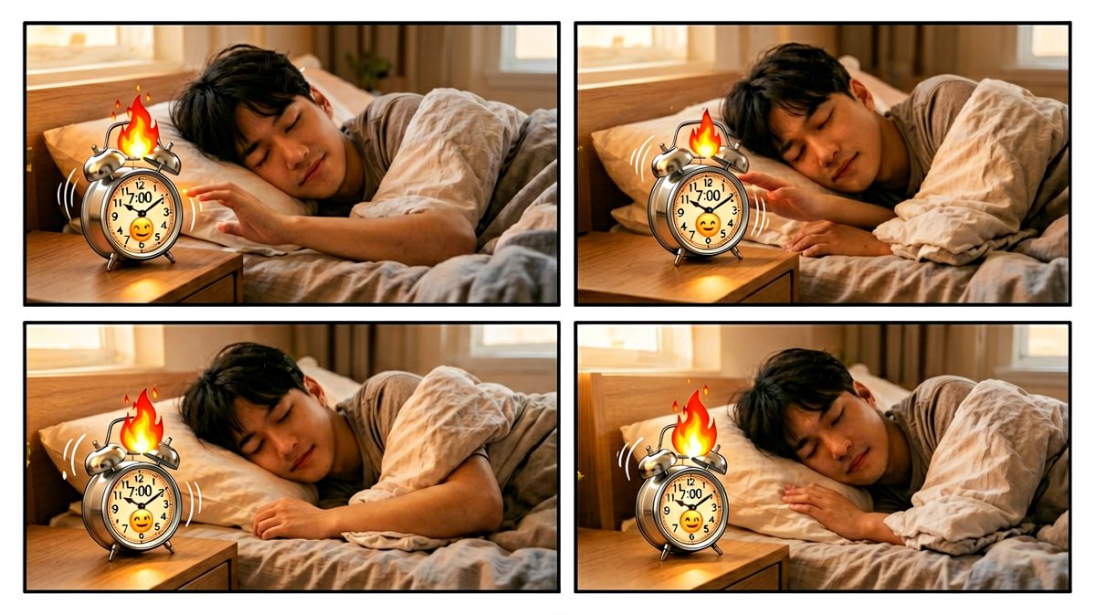 闹钟响起，主角闭着眼伸手精准拍掉。