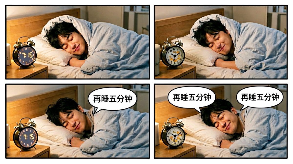 snooze按钮按得干脆，心里盘算着'就睡五分钟'。