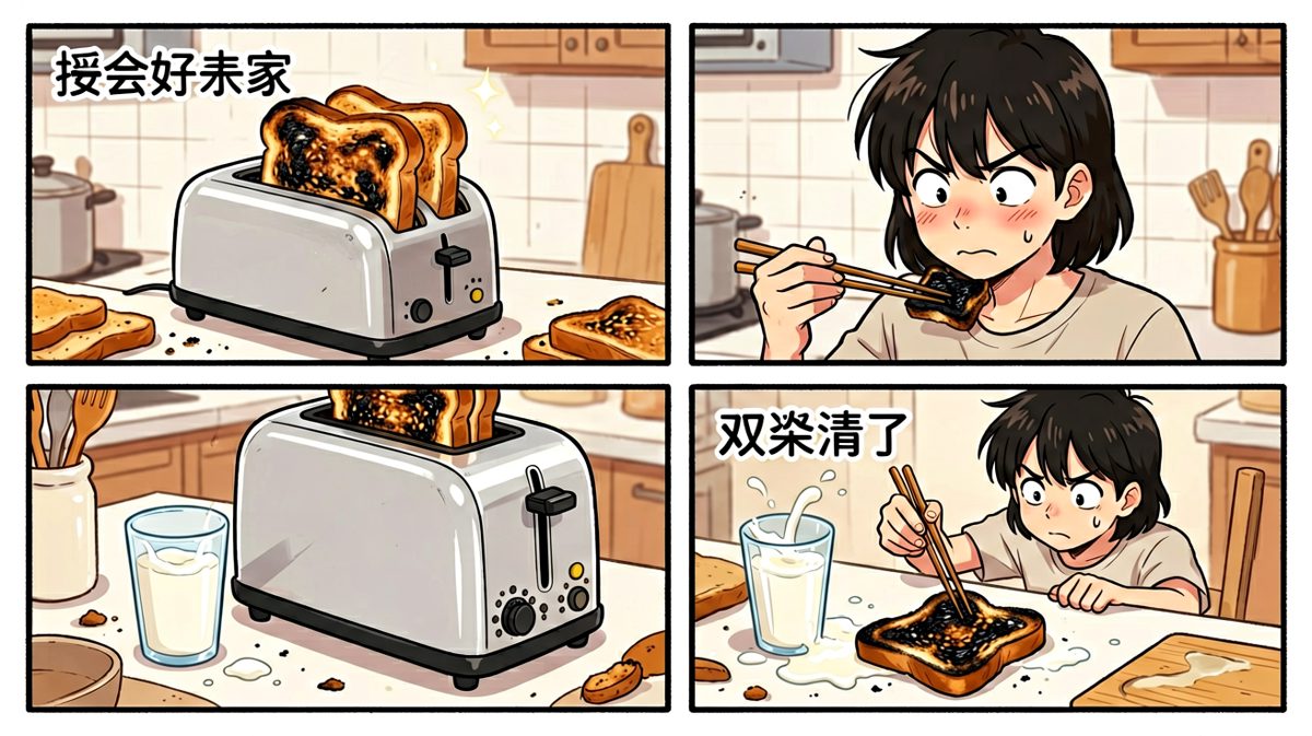 格三：吐司烤成黑炭，牛奶也打翻了