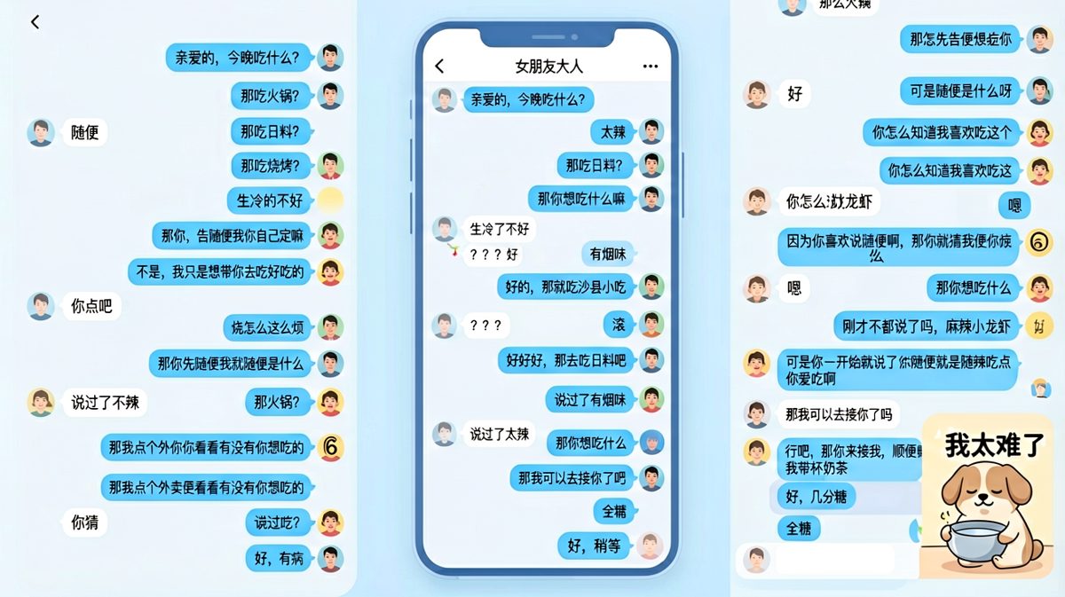 男生被女生的'随便'套路得团团转，最后才发现她一开始就想吃麻辣小龙虾。