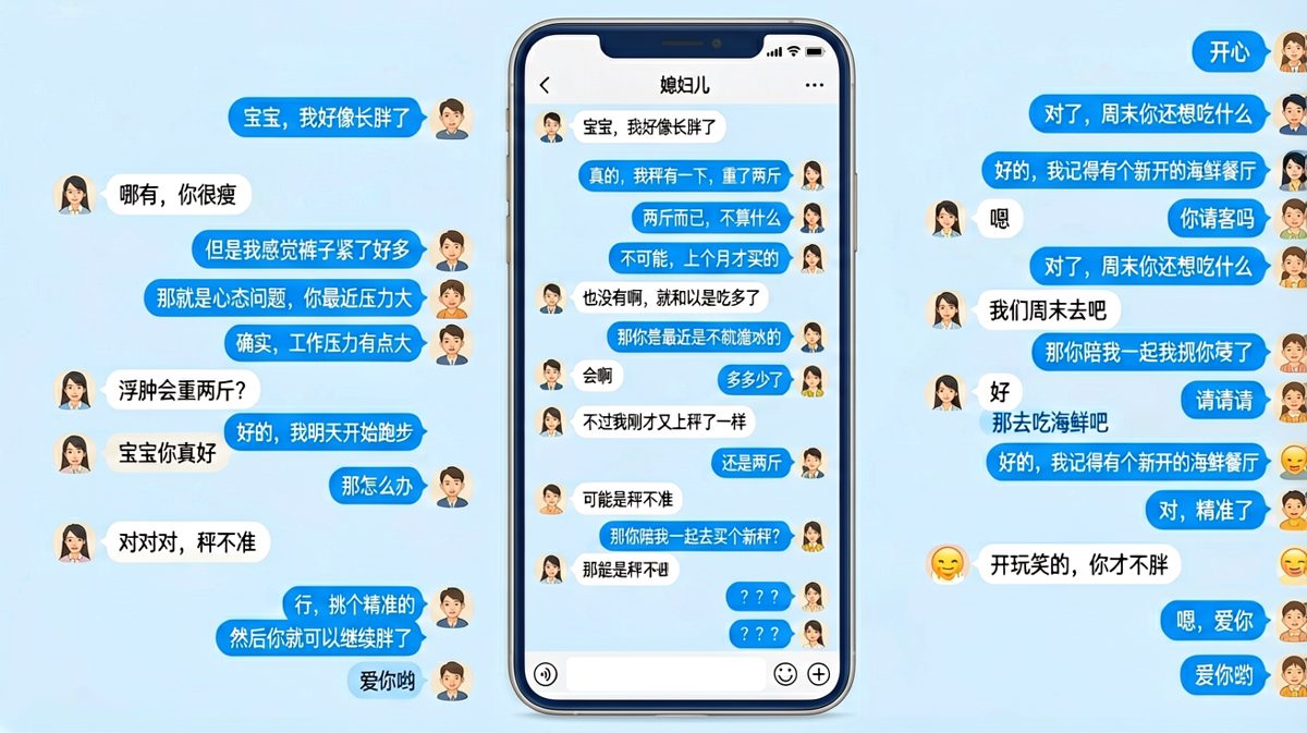 男生假装减肥要买新秤，结果被女生一眼看穿，最后还是被带着去吃海鲜。