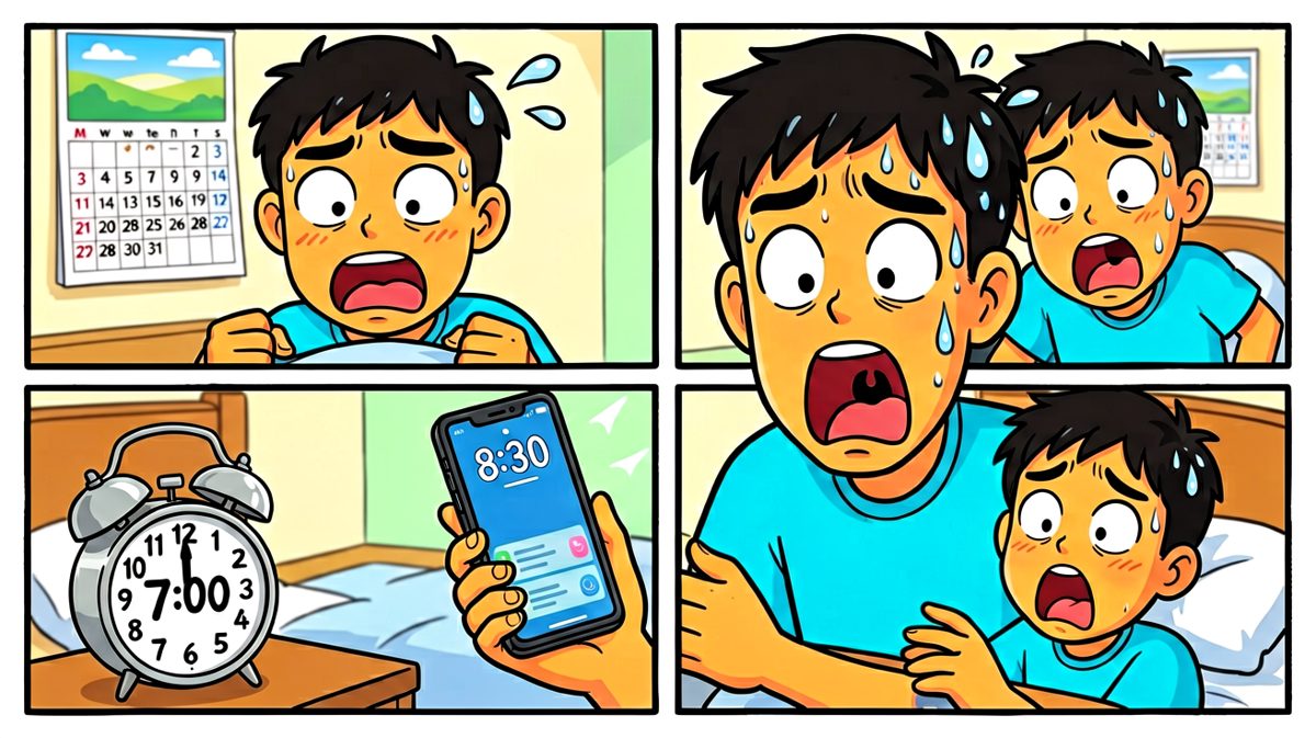 他发现闹钟才是7点，手机已经8点半了！