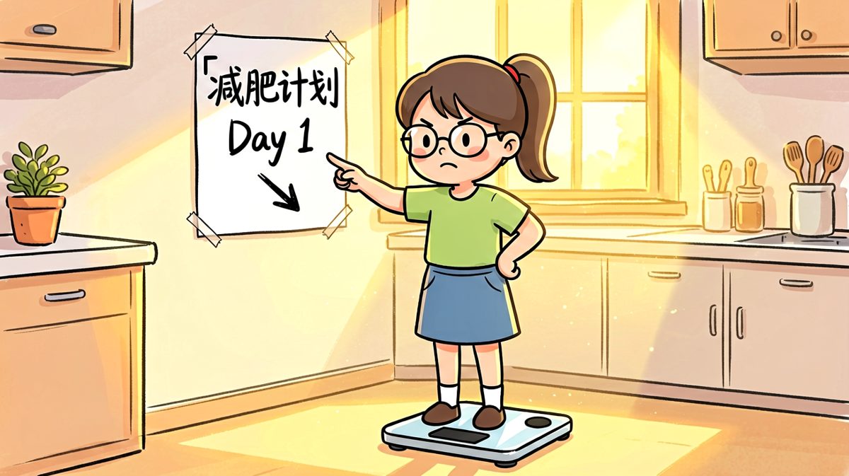 女孩站上体重秤，立下减肥宣言，自信满满。