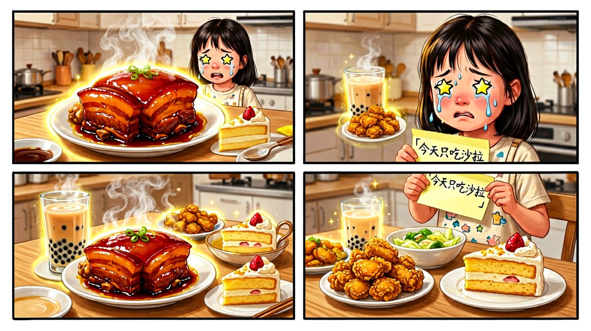 餐桌上的美食大军突然杀到，女孩的减肥誓言开始动摇。