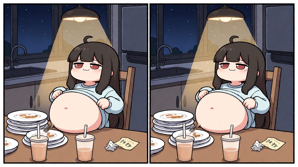一个转身的时间，所有美食全部清零，女孩心满意足地打饱嗝。