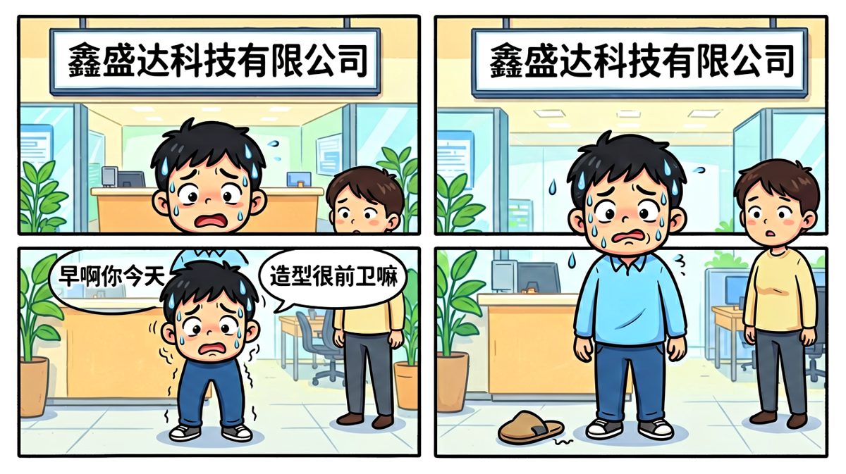 到达公司那一刻，世界安静了，只有拖鞋在地上等它的主人。