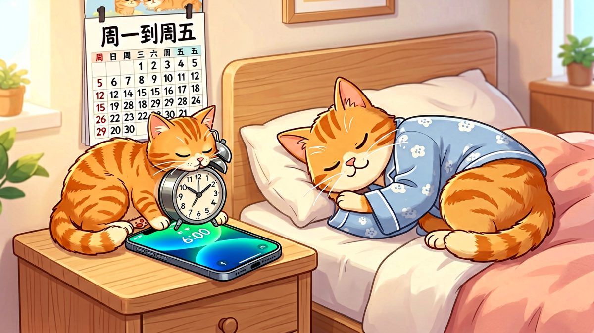 一格：闹钟被猫压住，早上六点无人醒。