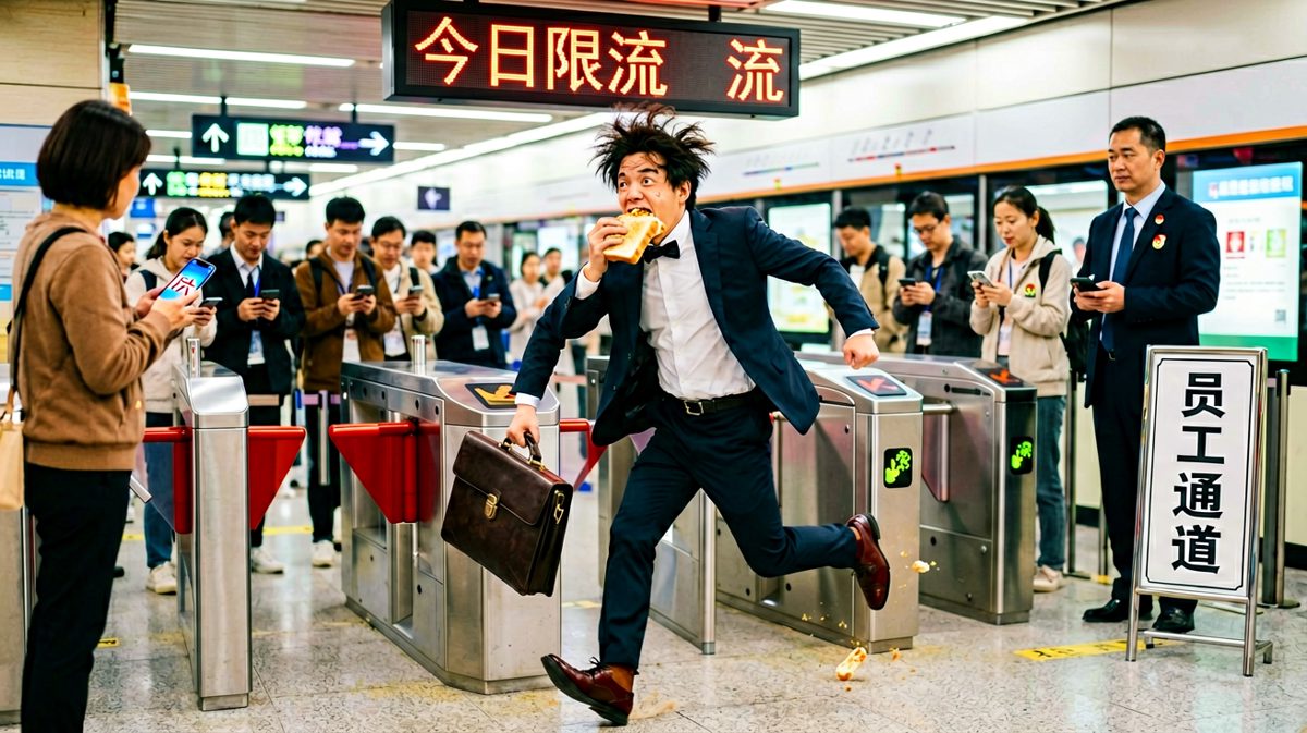 三格：主角狂奔到地铁站，却听到旁人提醒今天是周六。