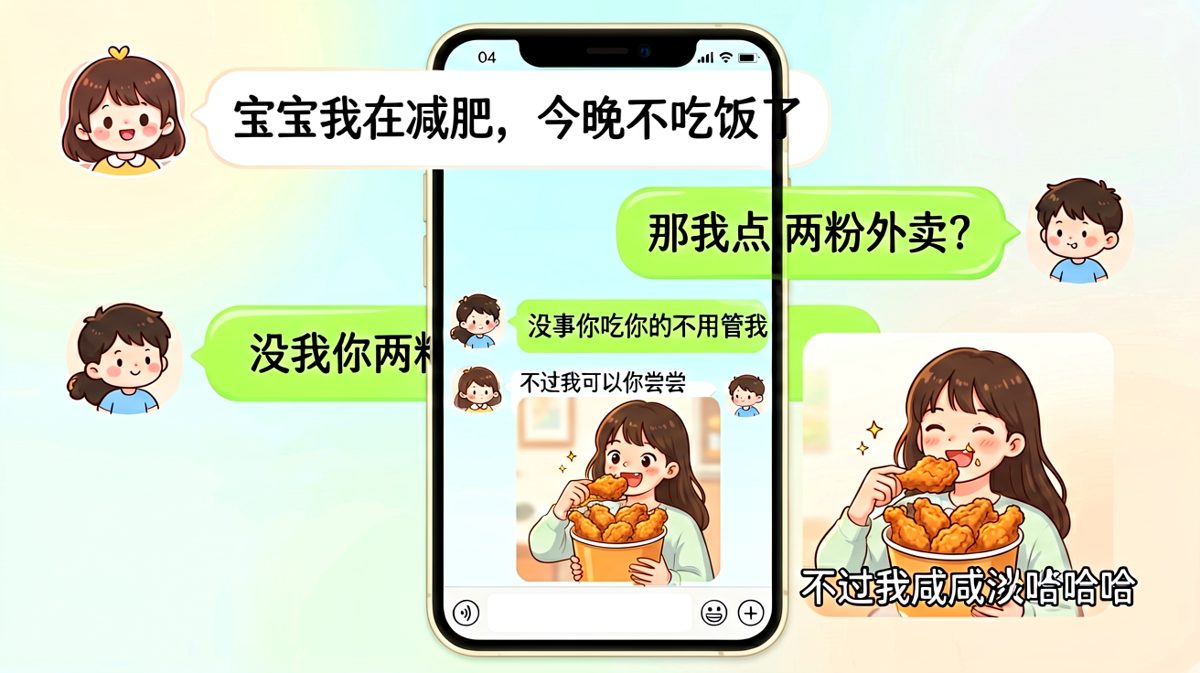 减肥的女生自己点了炸鸡，还说帮男生试口味
