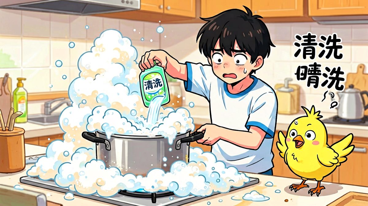 用洗洁精补救，结果泡沫淹了厨房