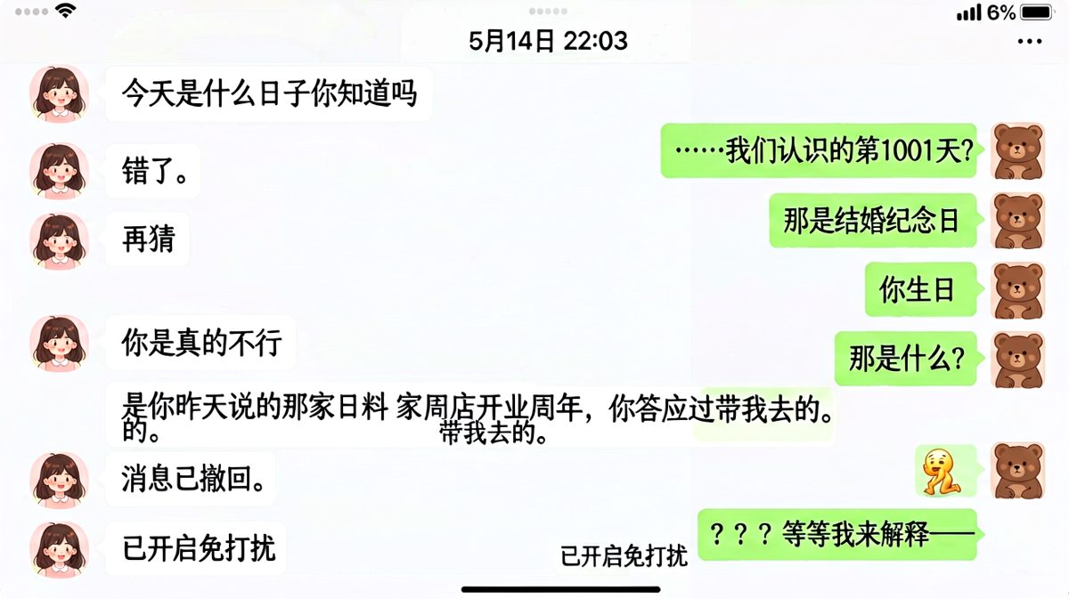 答应带老婆吃日料却忘记了，事后还试图撤回消息
