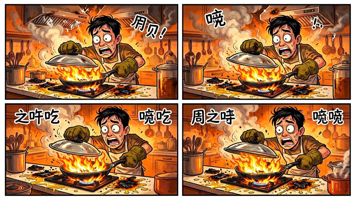 油锅瞬间起火，厨房秒变灾难现场