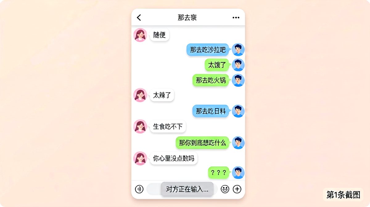女生说随便结果男生怎么点都不对，最后那句'你心里没点数'完美收尾。