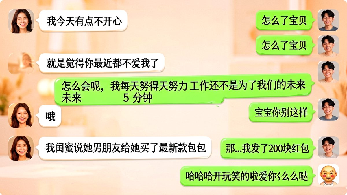 男生认真分析自我反省准备长篇大论，结果女生只是在等红包，反转让人哭笑不得。