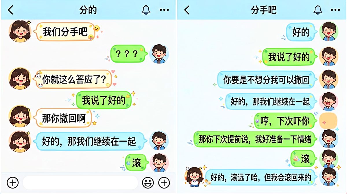 女生拿分手开玩笑试探，男生用神回复把气氛从紧张直接干到笑场，配合滚回来的表情包堪称教科书级别。