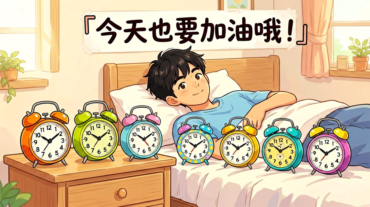 主人公精心布置了7个闹钟，誓要战胜赖床。