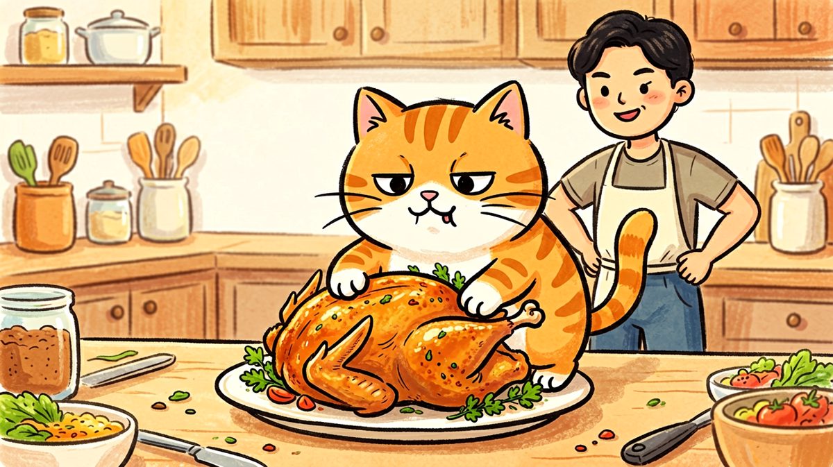 橘猫：不是我偷吃的，是鸡肉自己跳进我嘴里的！