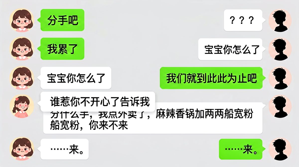 用最狠的语气说分手，用最淡定的语气约饭，结果几分钟后两人一起干掉了麻辣香锅