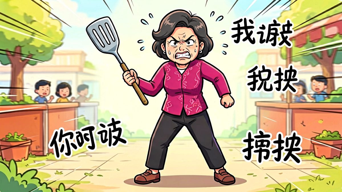 谁知小明他妈闻声赶来，手持锅铲杀气腾腾。