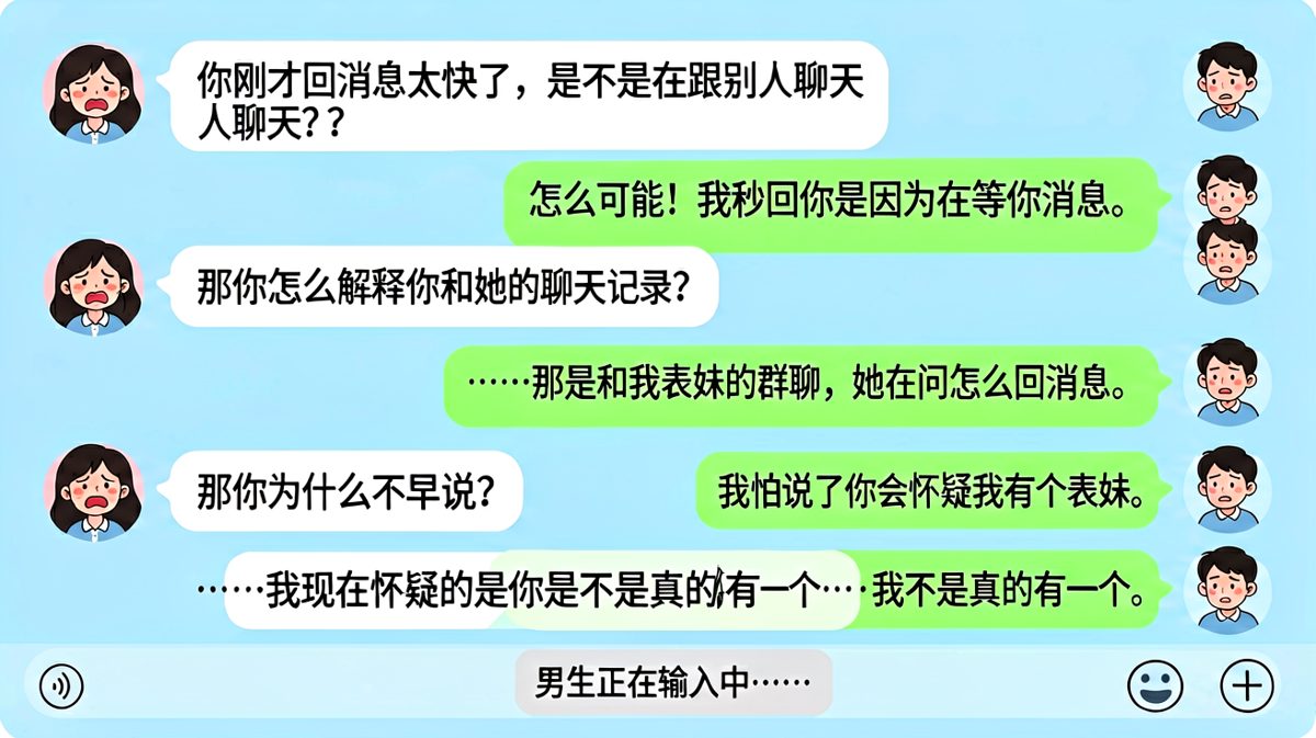 男生秒回被怀疑出轨，解释是表妹群聊却引发新怀疑，对话陷入死循环。