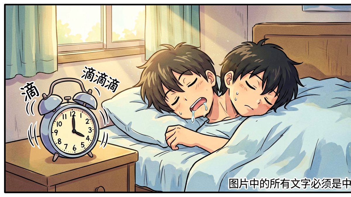 第一格：闹钟准时响起，主人公却睡得正香。