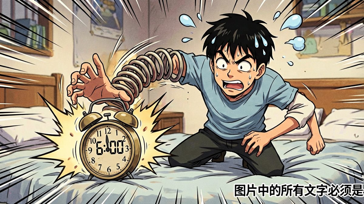 第二格：主人公试图关闹钟，却被反手弹飞！