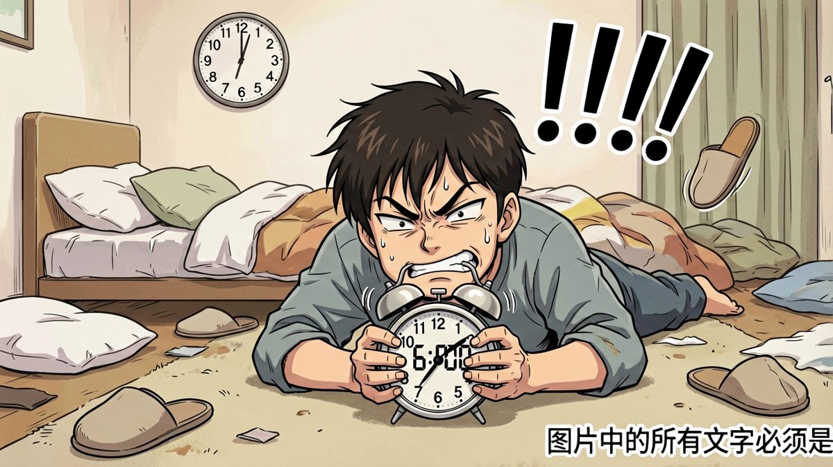 第三格：主人公跟闹钟展开了殊死搏斗。
