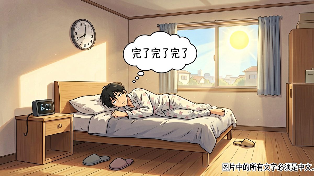 第四格：闹钟终于安静了，但……时间已经来不及了。