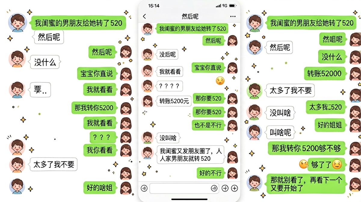女生拿闺蜜秀恩爱试探，男生反手就是大额转账直接堵住后续