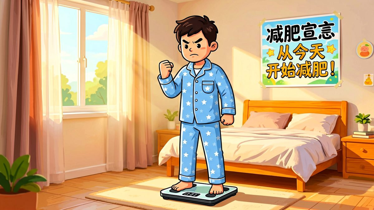 主人公看着体重秤上的数字，立下减肥决心
