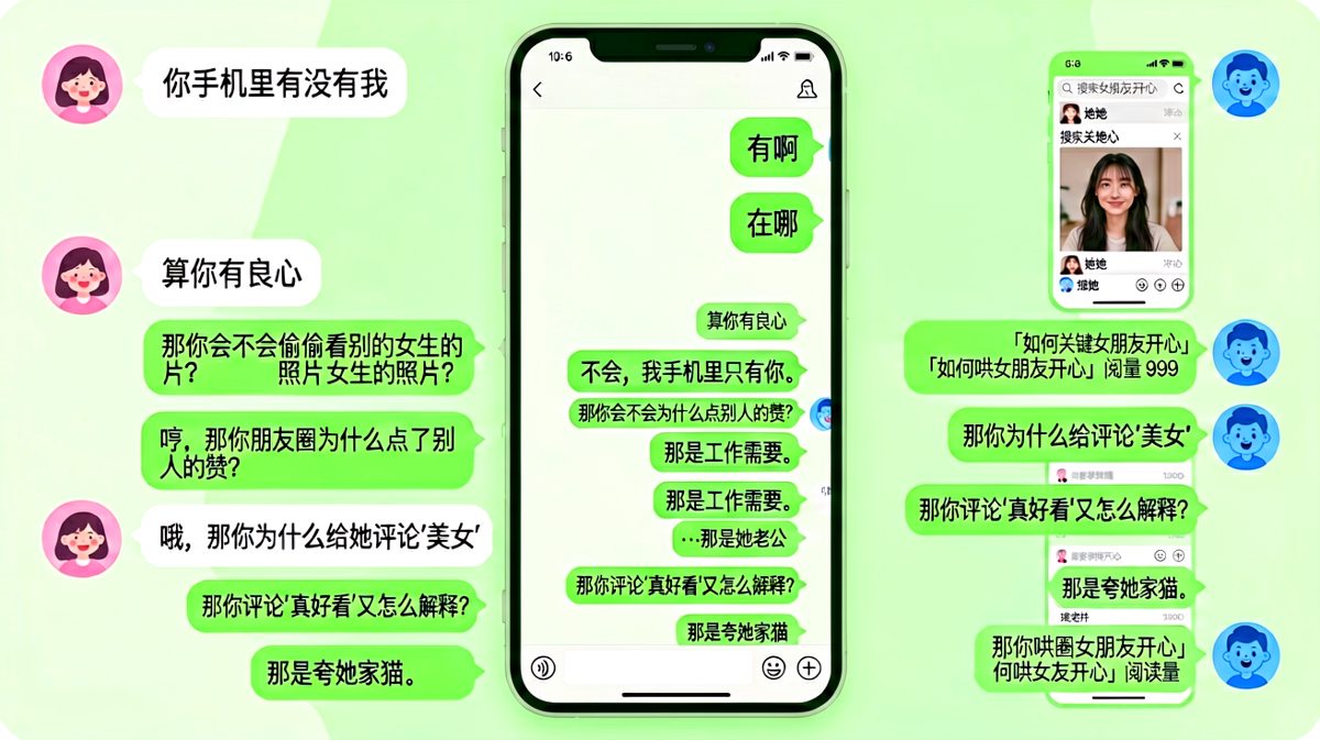 女生查岗翻聊天记录，男生每次解释都被拆穿，最后搜到'哄女朋友指南'。