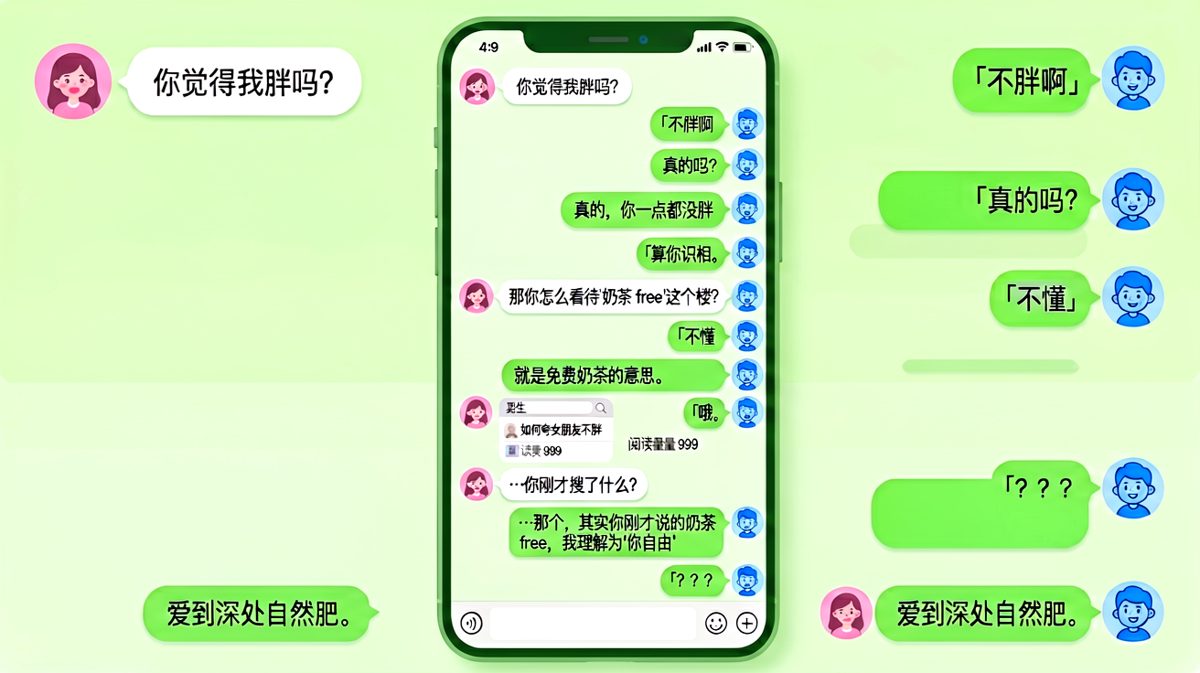 女生问体重问题，男生机智回答'奶茶free'梗，结果暴露搜索记录。