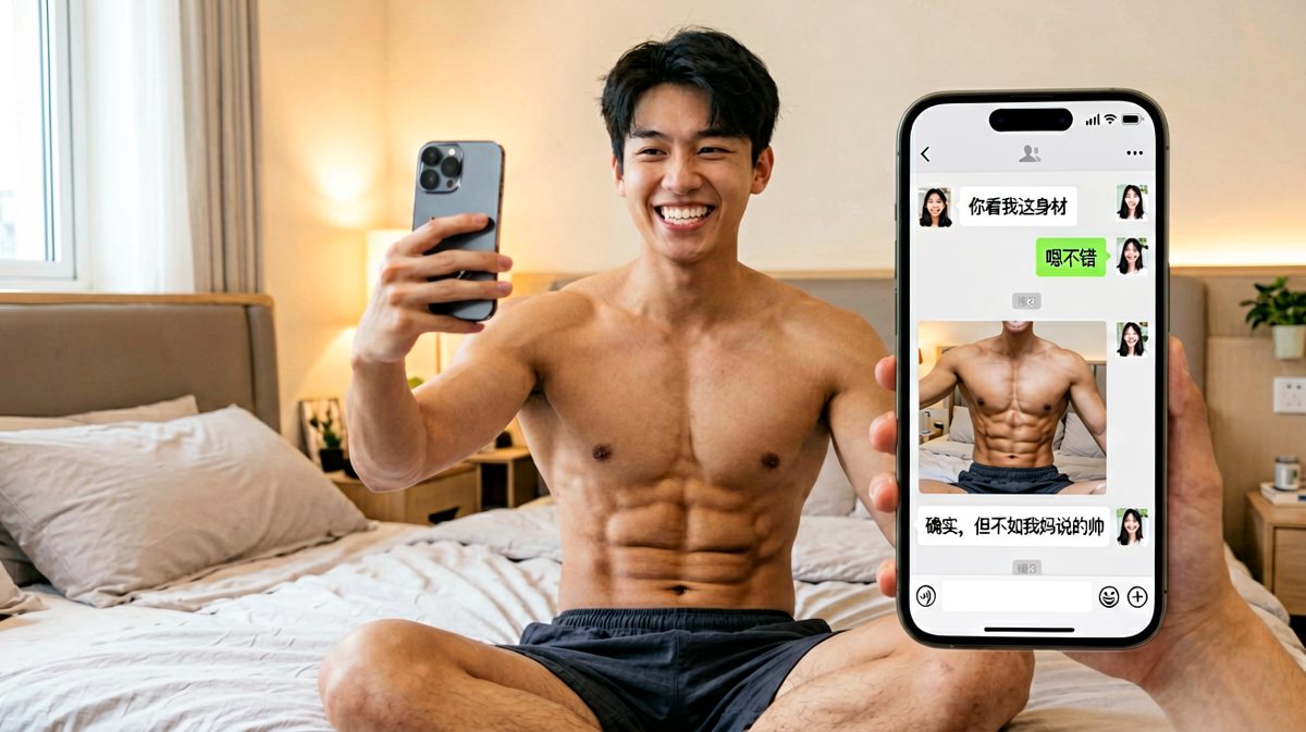 男生秀完腹肌等待夸赞，却被一句'不如我妈说的帅'当场暴击。