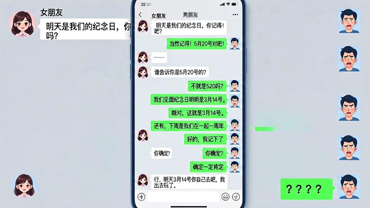 纪念日连环翻车：男生记错日子还自信满满，最终被放鸽子。