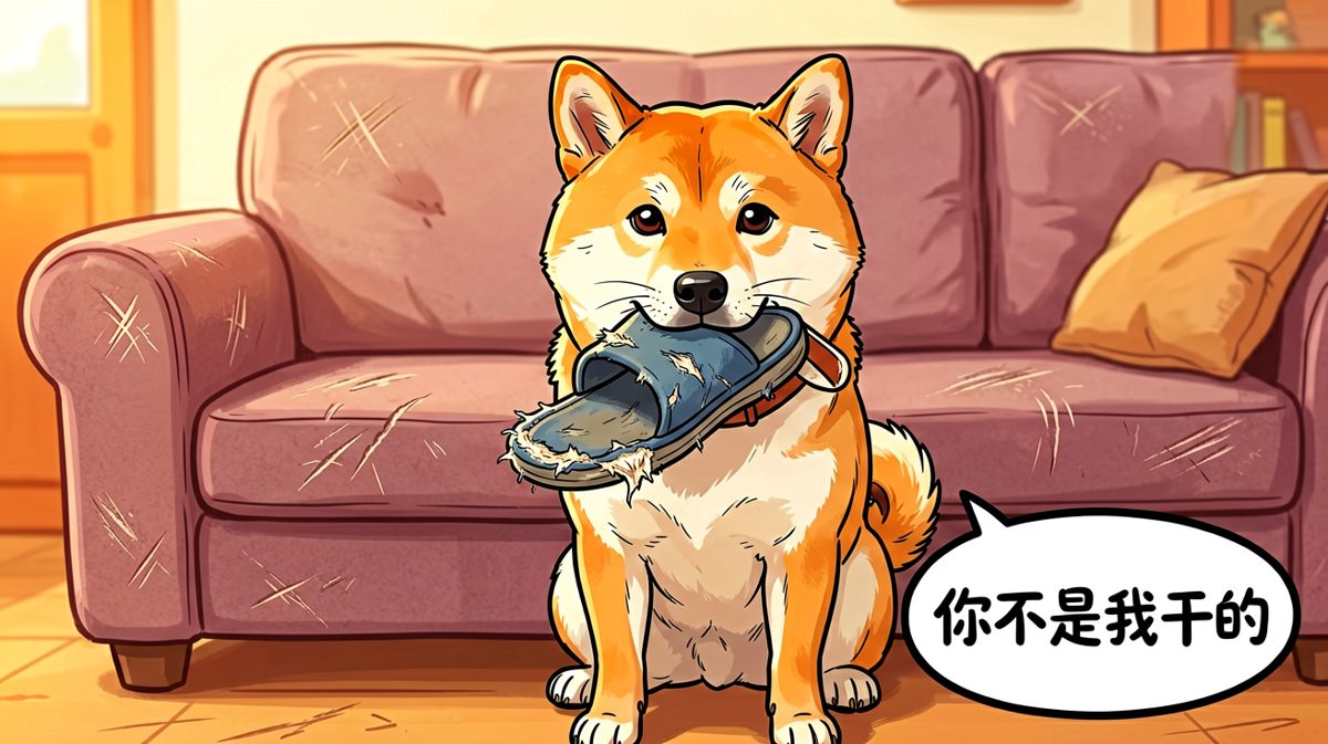 柴犬作案后的经典无辜脸，证据确凿但它死不承认。