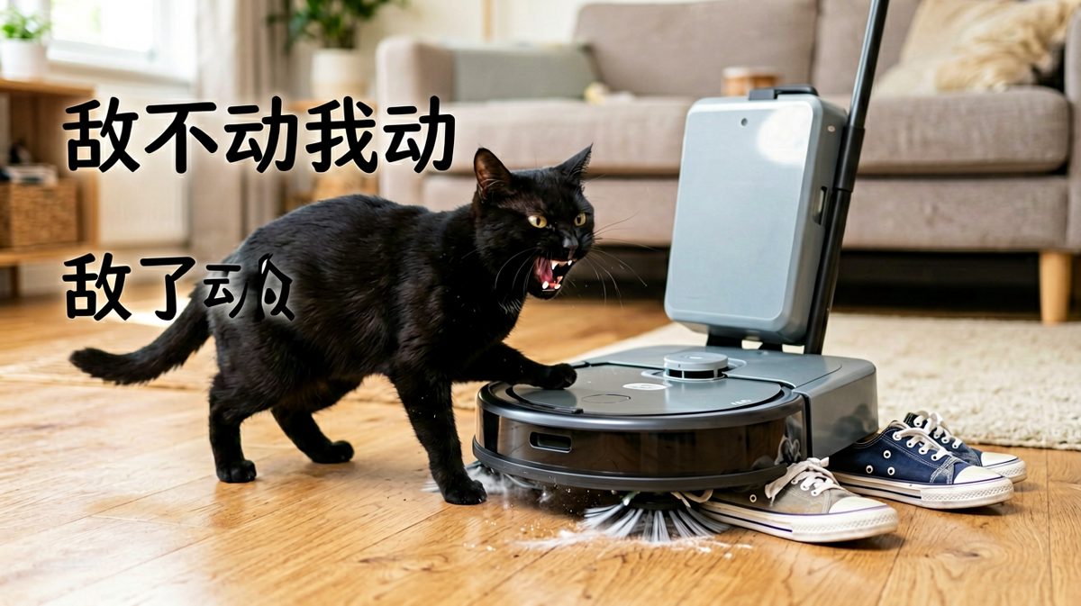 黑猫大战扫地机，最后输给了自家拖鞋。