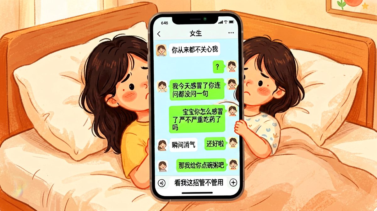 女生：你终于关心我了！男生：？？？我明明一直在关心啊