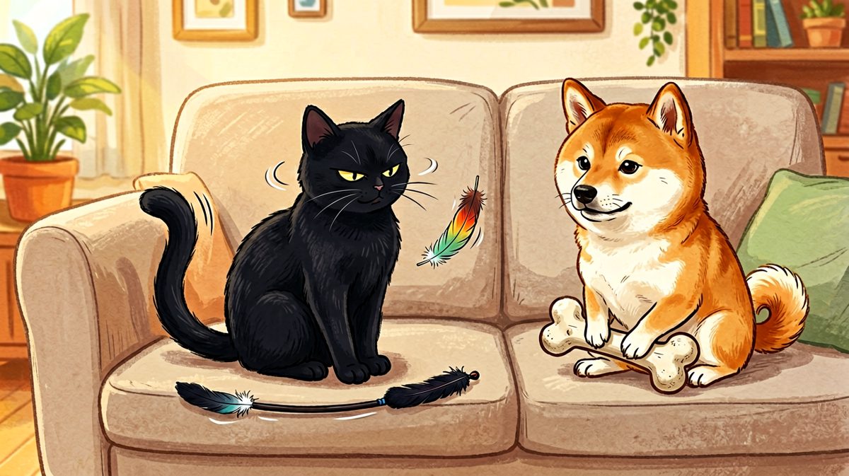 猫：朕只是在视察羽毛的成色。狗：你尾巴出卖了你。