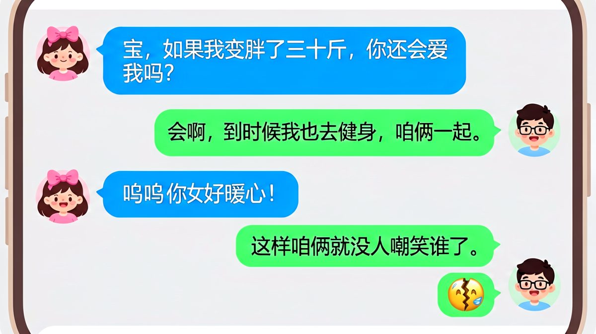 女生试探胖了还爱不爱，男生暖心回应后反转：一起胖，没人嘲笑谁。