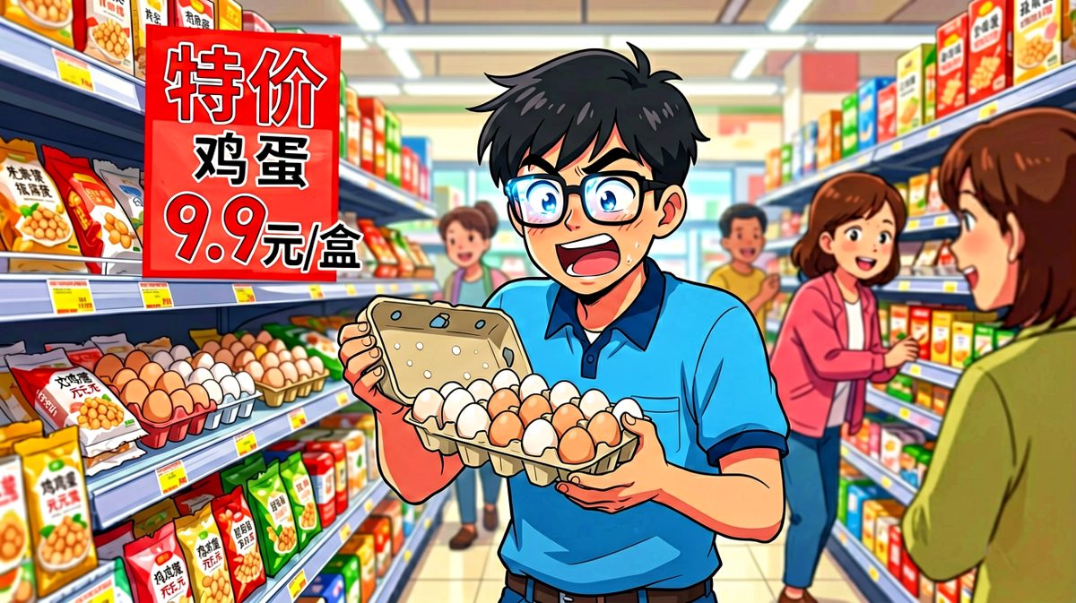 小明看到特价鸡蛋，两眼放光全力抢购