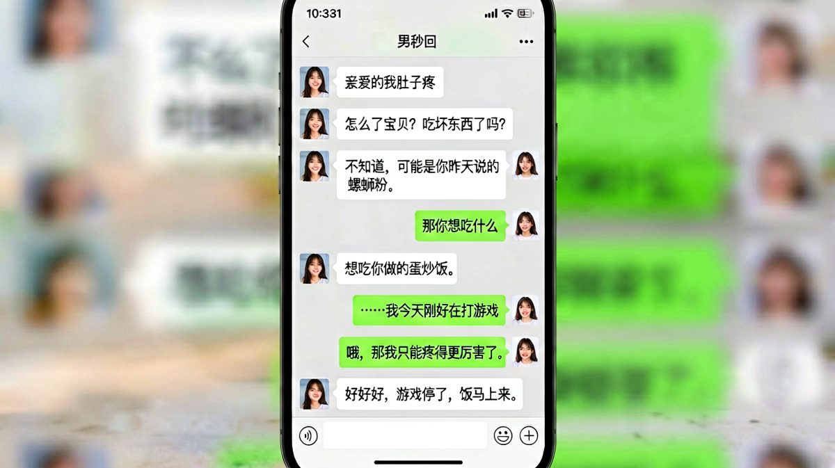 假装肚子疼求安慰，却被一句螺蛳粉当场拆穿的反转。